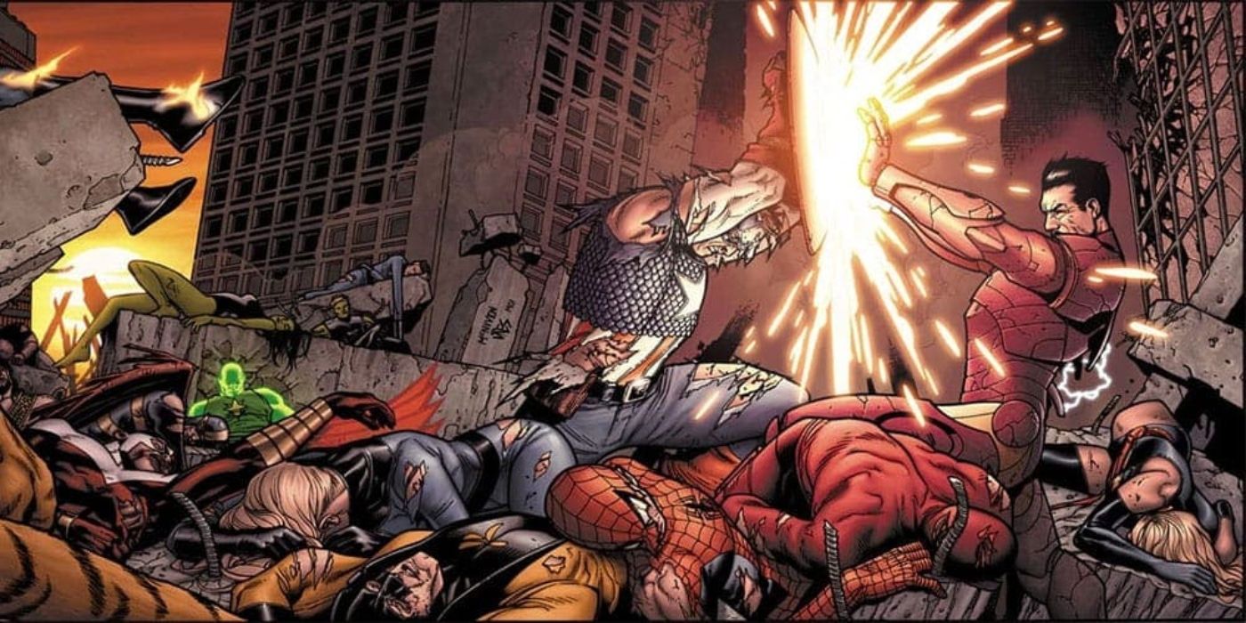Civil War, Captain America and Iron Man battle on top of a heap of fallen superheroes