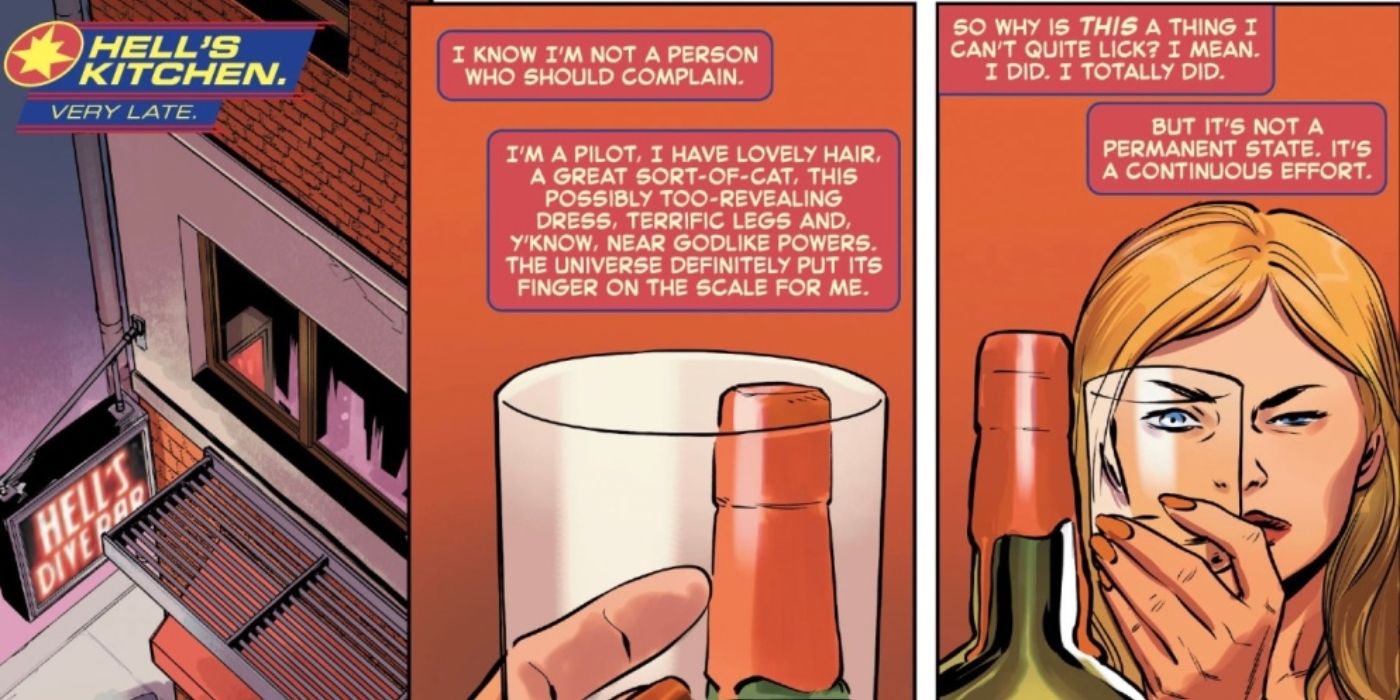 Captain Marvel struggling with alcoholism.