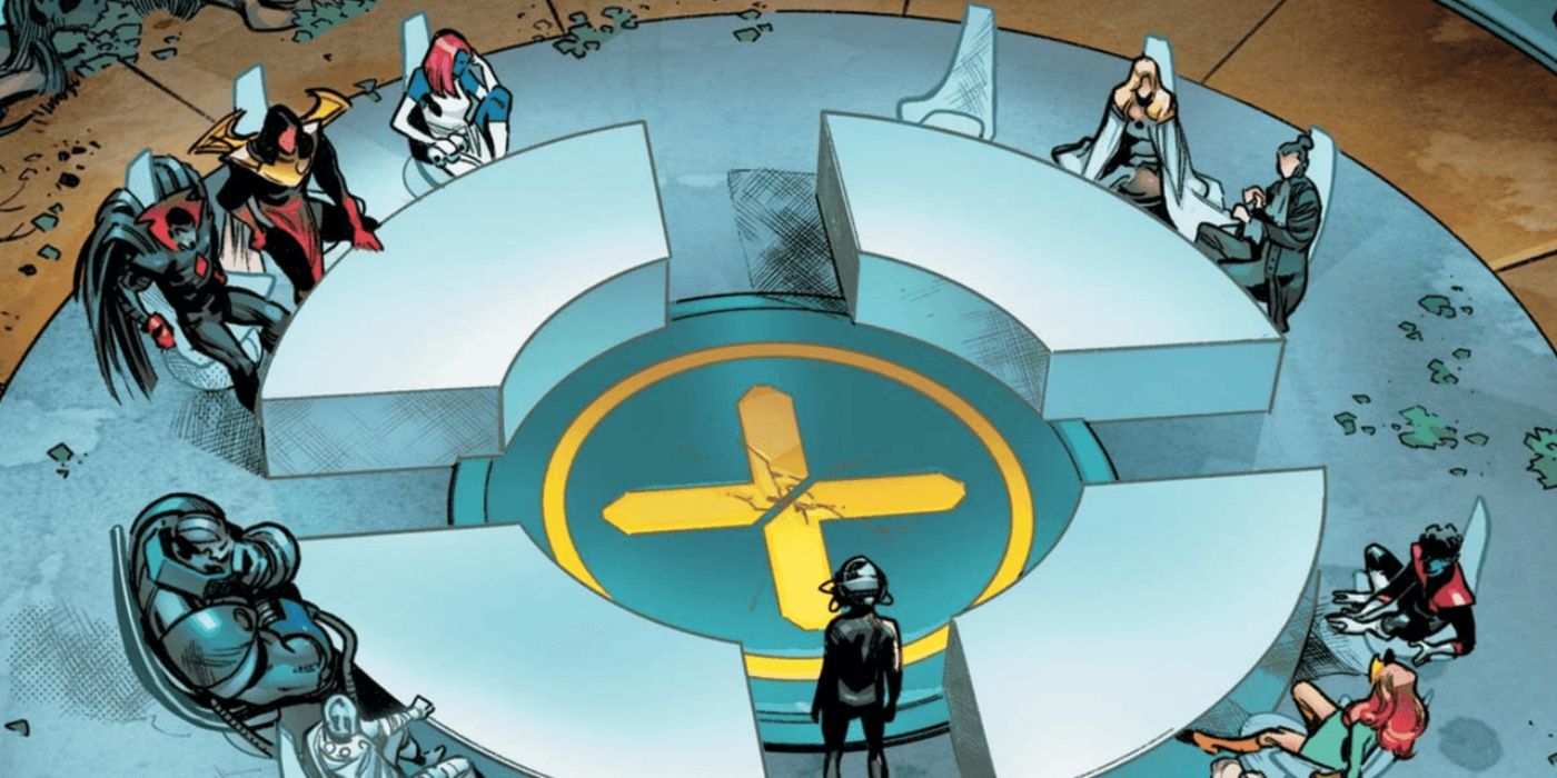 Charles Xavier stands before the Krakoan Quiet Council, who meet around a giant yellow X.