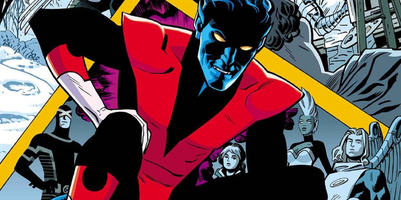 Nightcrawler, aspecto clásico (en color), con un telón de fondo de imágenes de X-Men (blanco y negro)