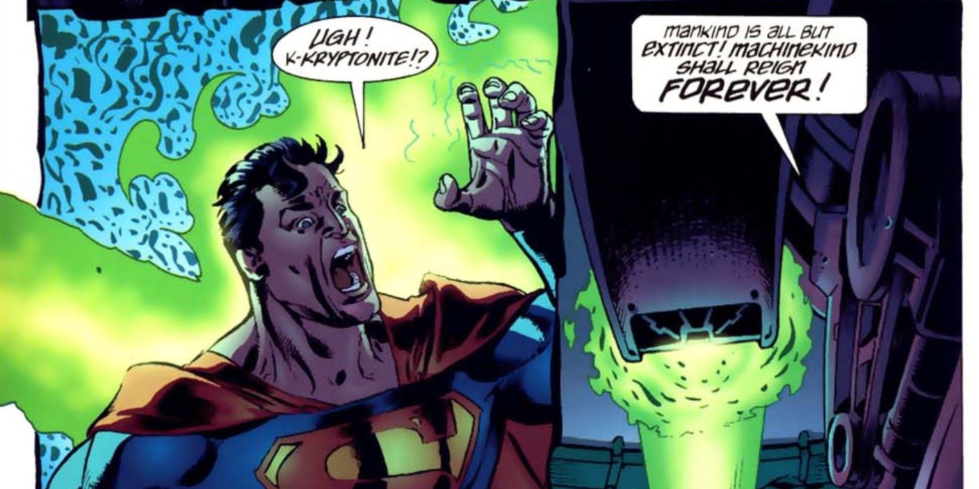 Terminators using a Kryptonite ray against Superman.