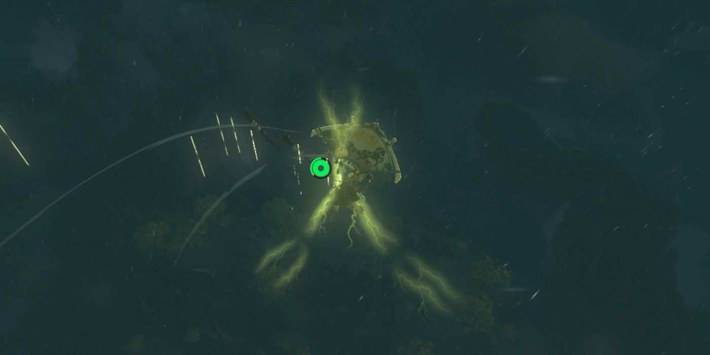 Link gliding towards Dragonhead Island in The Legend of Zelda: Tears of the Kingdom, attracting lighting in a flare of yellow sparks but safe due to the Lightning Helm.