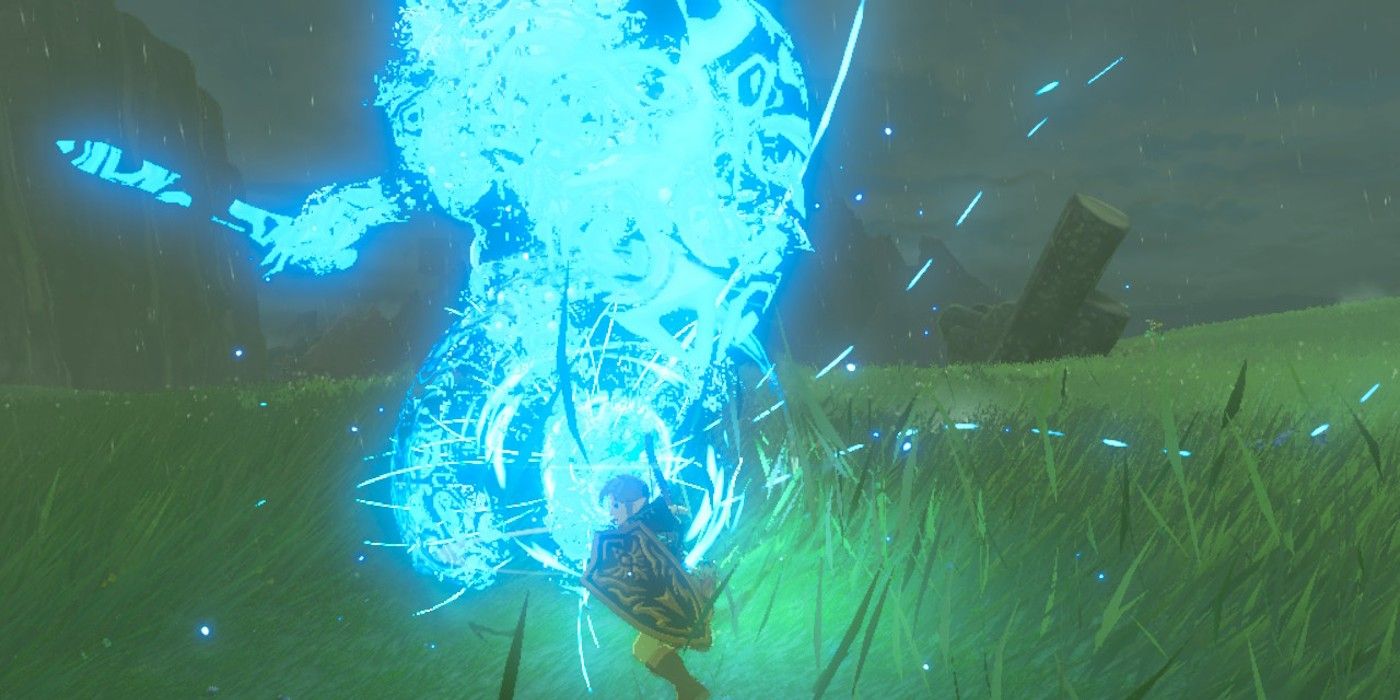 Link defeating a Lynel in The Legend of Zelda: Tears of the Kingdom using an Ancient Blade, causing it to disintegrate into blue light.