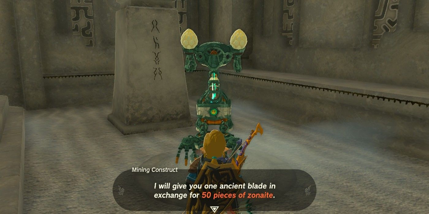 A Zonai Mining Construct offers Link an Ancient Blade in exchange for 50 pieces of zonaite in The Legend of Zelda: Tears of the Kingdom.