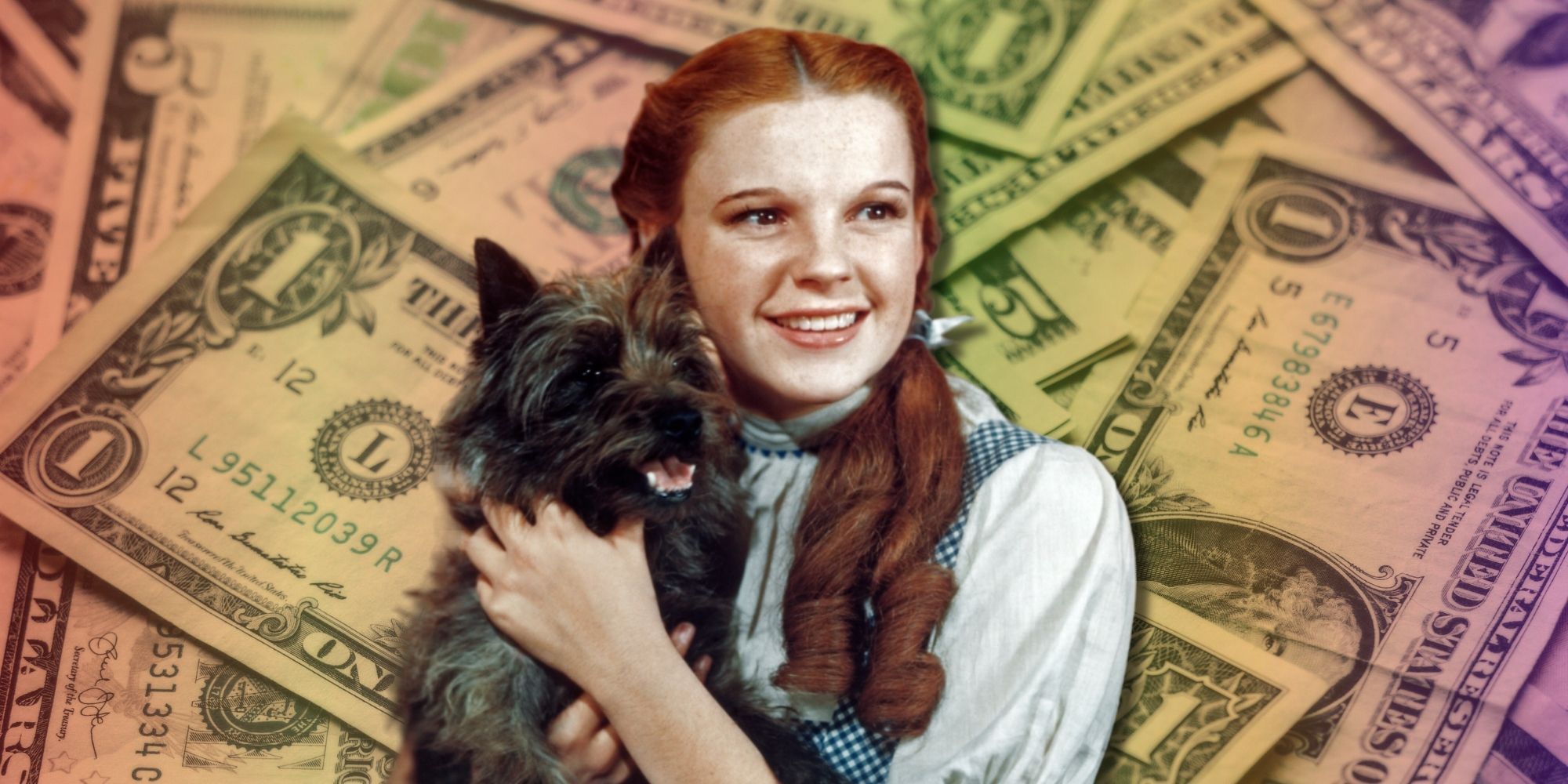 Judy Garland holding Toto in front of a backdrop of money
