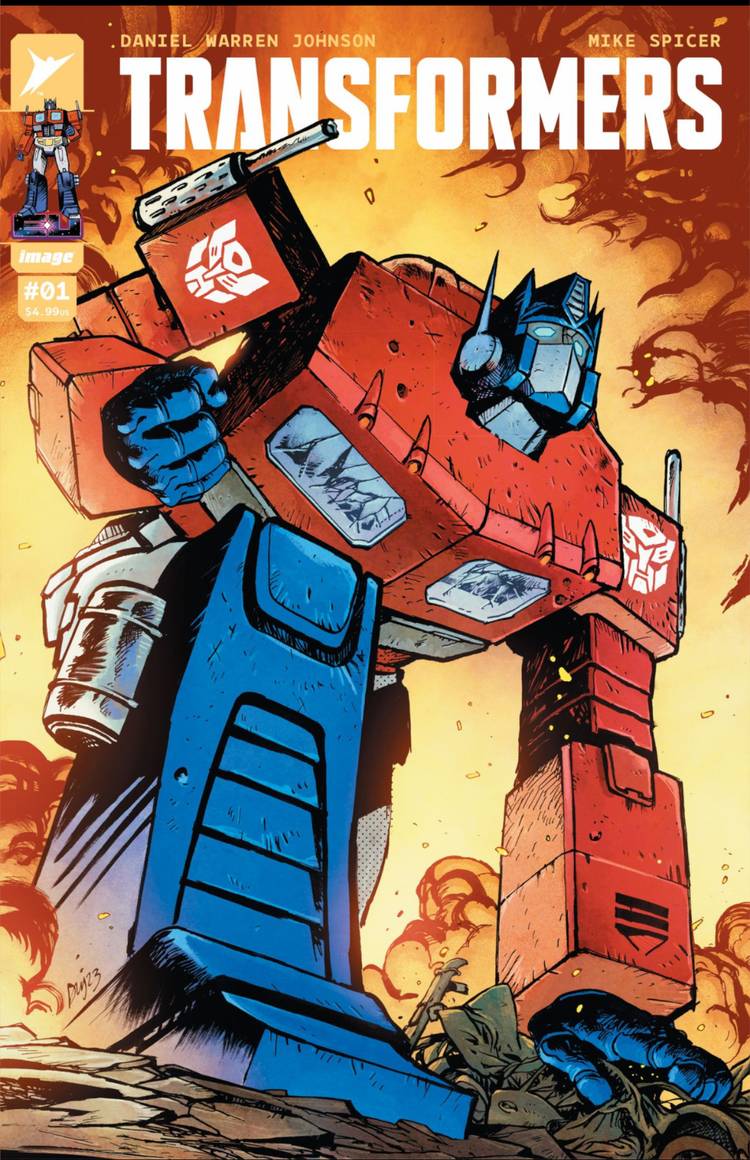 Comic book cover: Optimus Prime crouches, preparing for battle.