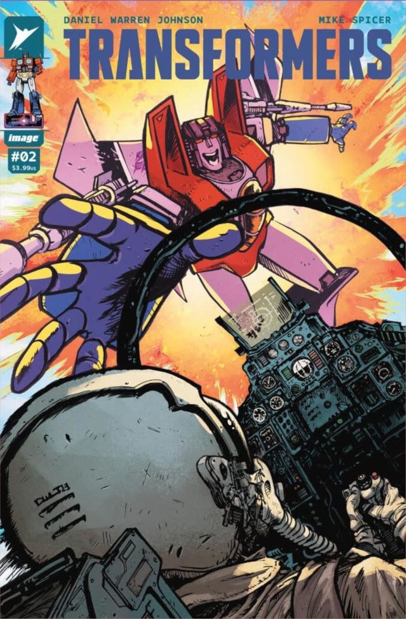 Transformers #2 main cover, Starscream attacking a fighter jet