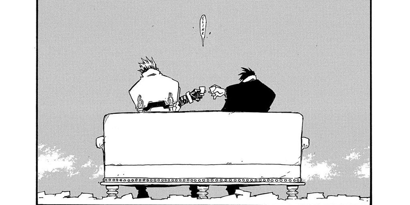 Trigun Maximum: Vash and Wolfwood look out over the desert lands and share a drink.