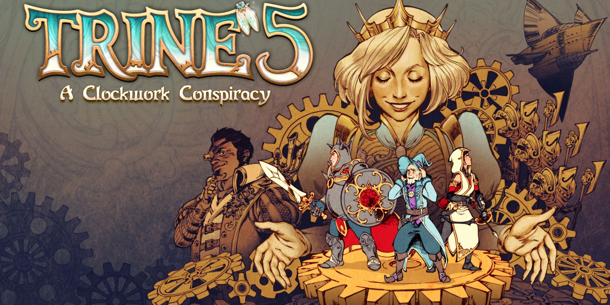 Trine 5- A Clockwork Conspiracy Review key art with title, villains, and heroes