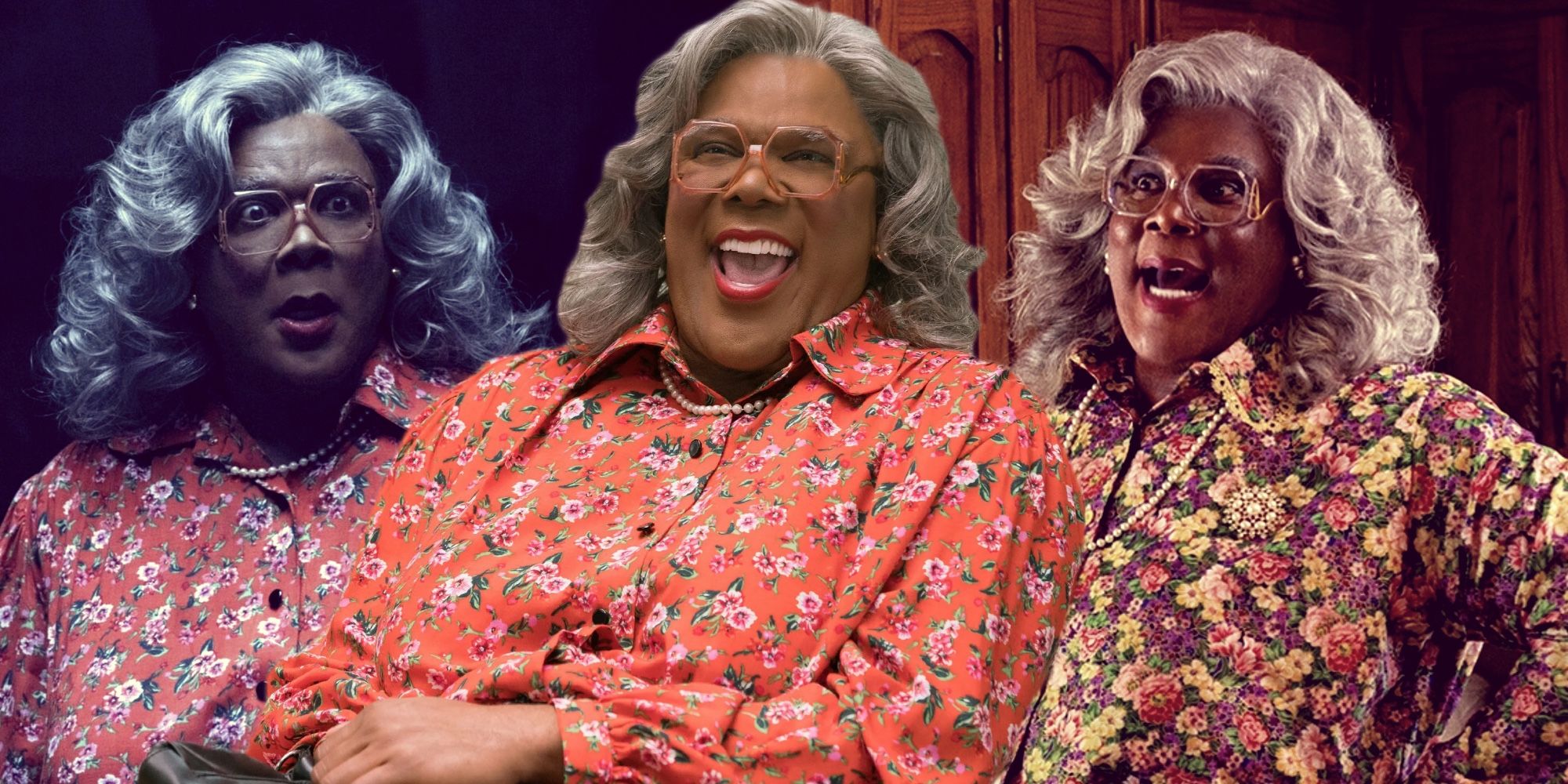 A composite image of Tyler Perry as Madea in various movies 