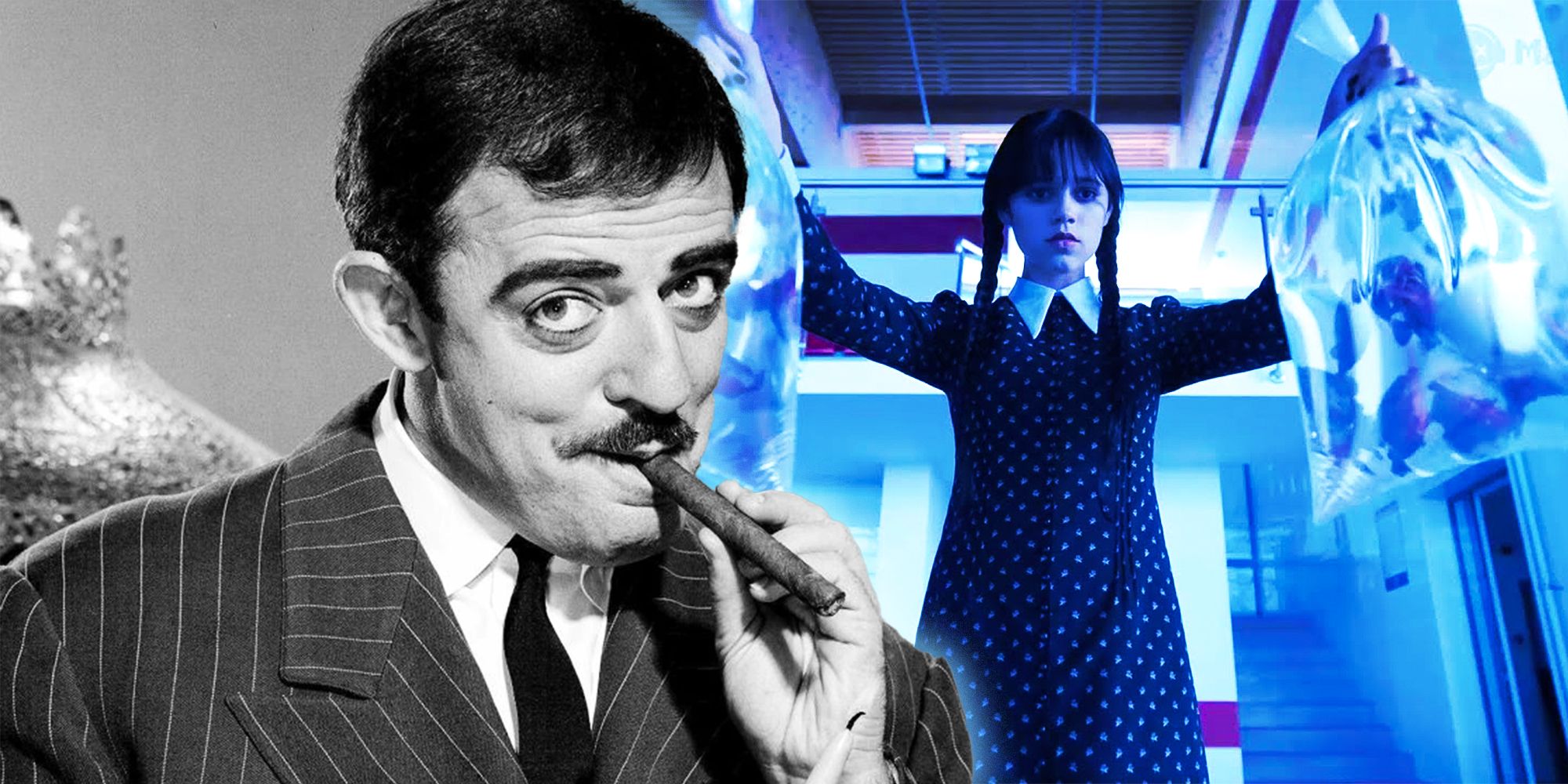 John Astin as Gomez in The Addams Family with Jenna Ortega as Wednesday holding piranhas in Wednesday season 1