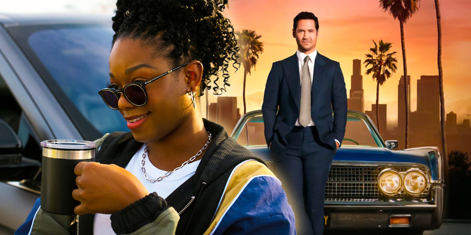 Collage of Izzy with Mickey standing in front of his car in The Lincoln Lawyer show