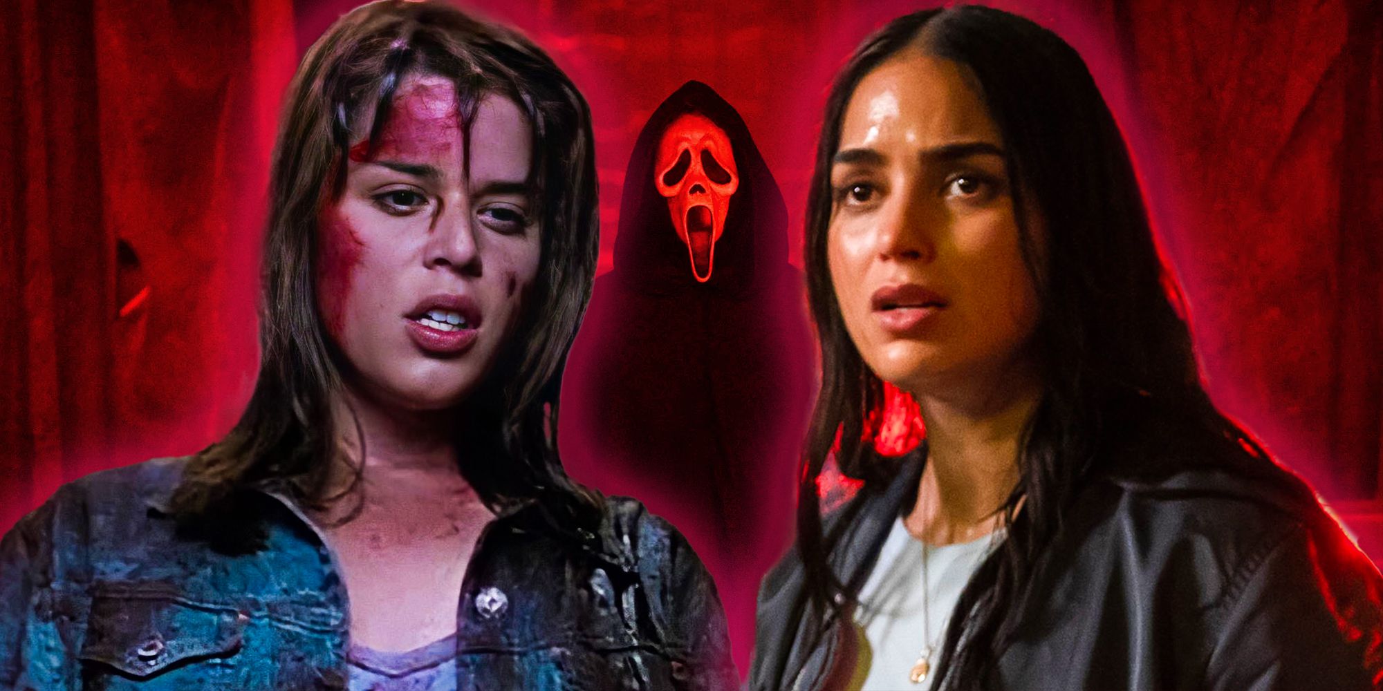Custom image of Neve Campbell's Sidney Prescott in Scream with Ghostface and Melissa Barrera's Sam in Scream 6