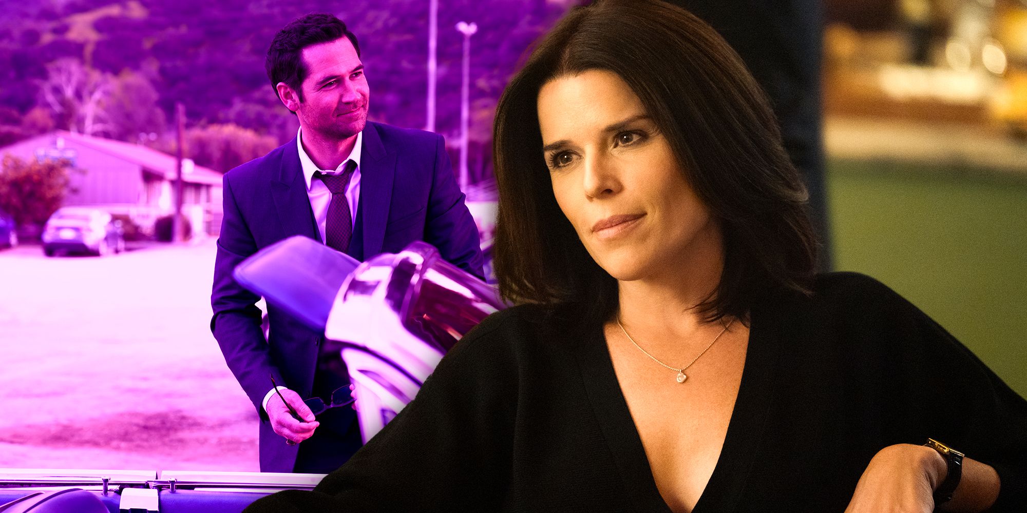Manuel Garcia Rulfo as Mickey Haller and Neve Campbell as Maggie McPherson in Netflix's The Lincoln Lawyer season 2