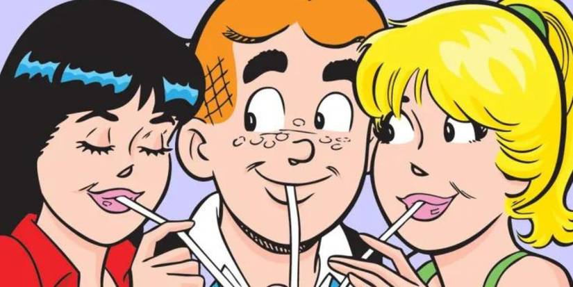 Archie Comics scene feat. Veronica, Archie, and Betty sharing a milkshake at Pop's