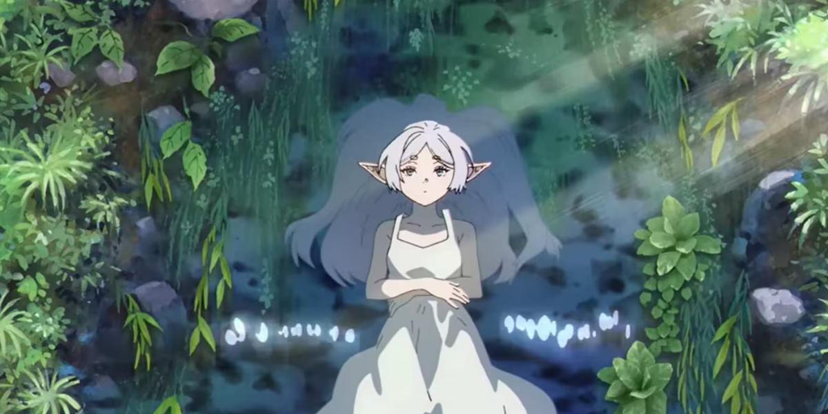 Frieren wading in a stream in the Frieren: Beyond Journey&rsquo;s End trailer.