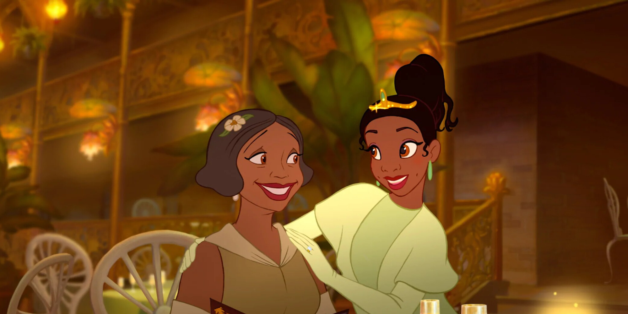 Tiana stands with her mom in her restaurant in Princess and the Frog 