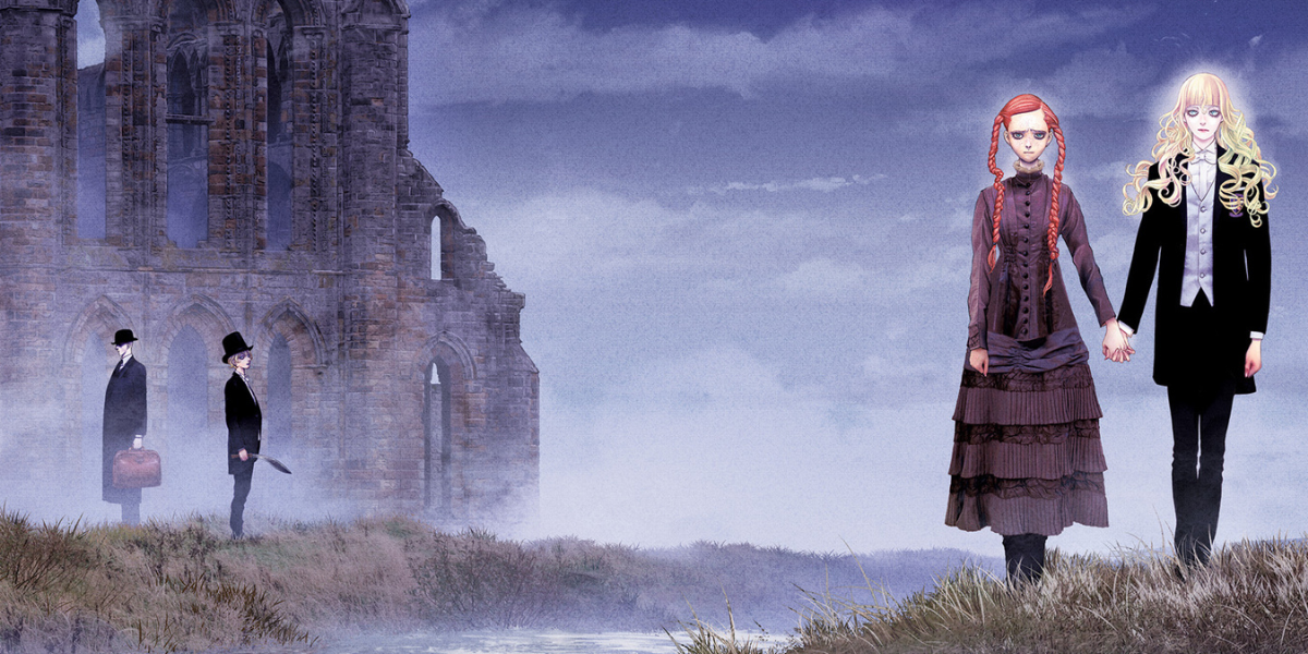 #DRCL midnight children promotional artwork featuring the two main characters standing outside a gothic mansion.