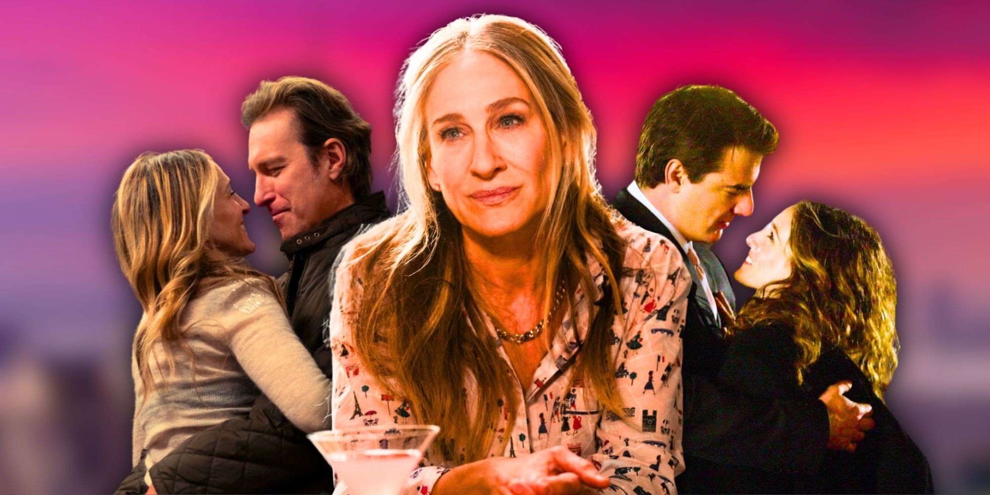 Collage featuring Carrie Bradshaw (Sarah Jessica Parker), Aidan Shaw (John Corbett), and Mr. Big (Chris Noth) from Sex and the City and And Just Like That...