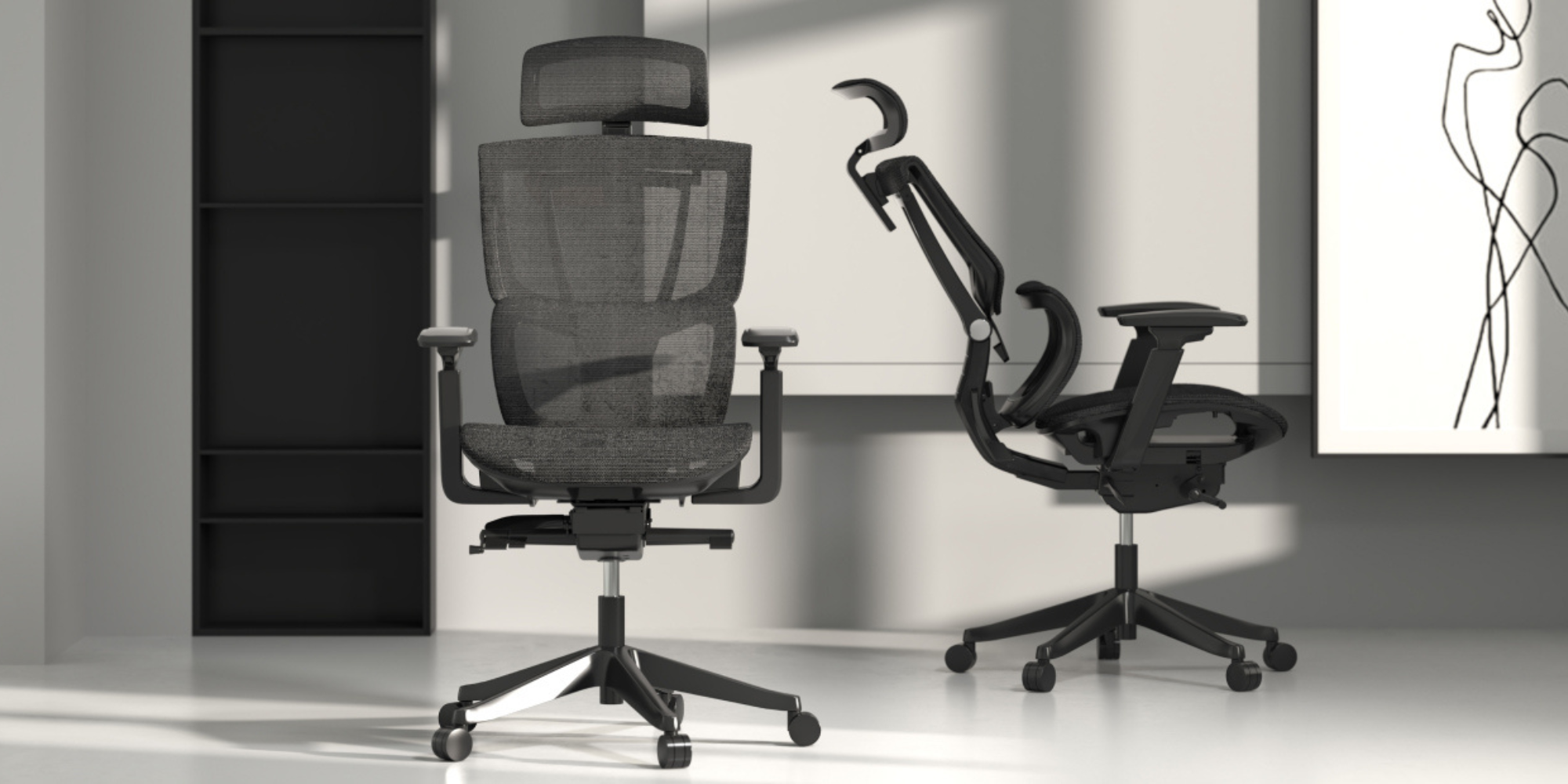 Two FlexiSpot chairs are in a black and white room.