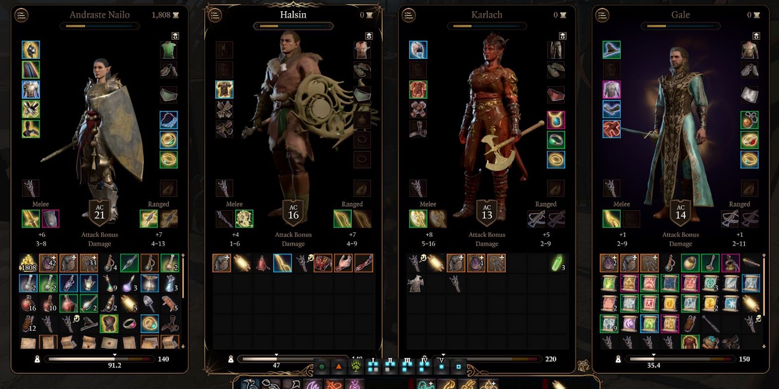 Screenshot showing Baldur's Gate 3 party members each having different gear from their initial start.