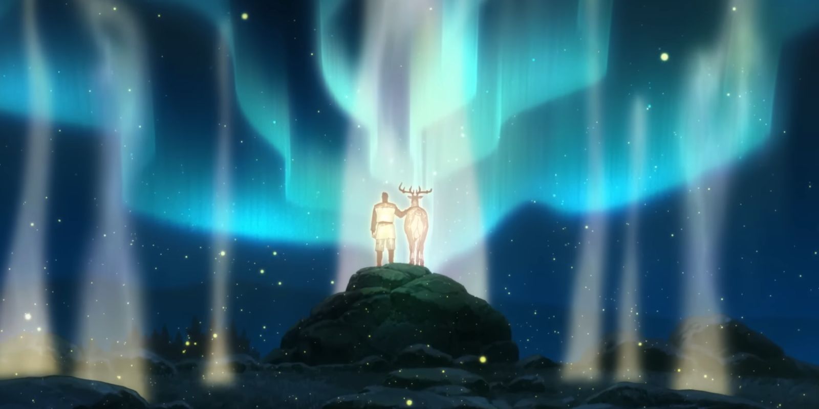 Van-and-a-piuika-from-The-Deer-King-standing-together-and-watching-lights-in-the-sky