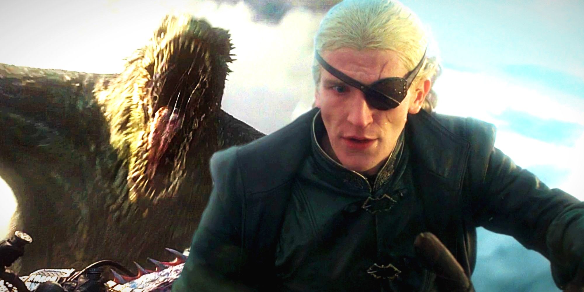 Vhagar the dragon and Ewan Mitchell as Aemond Targaryen in House of the Dragon season 1 finale