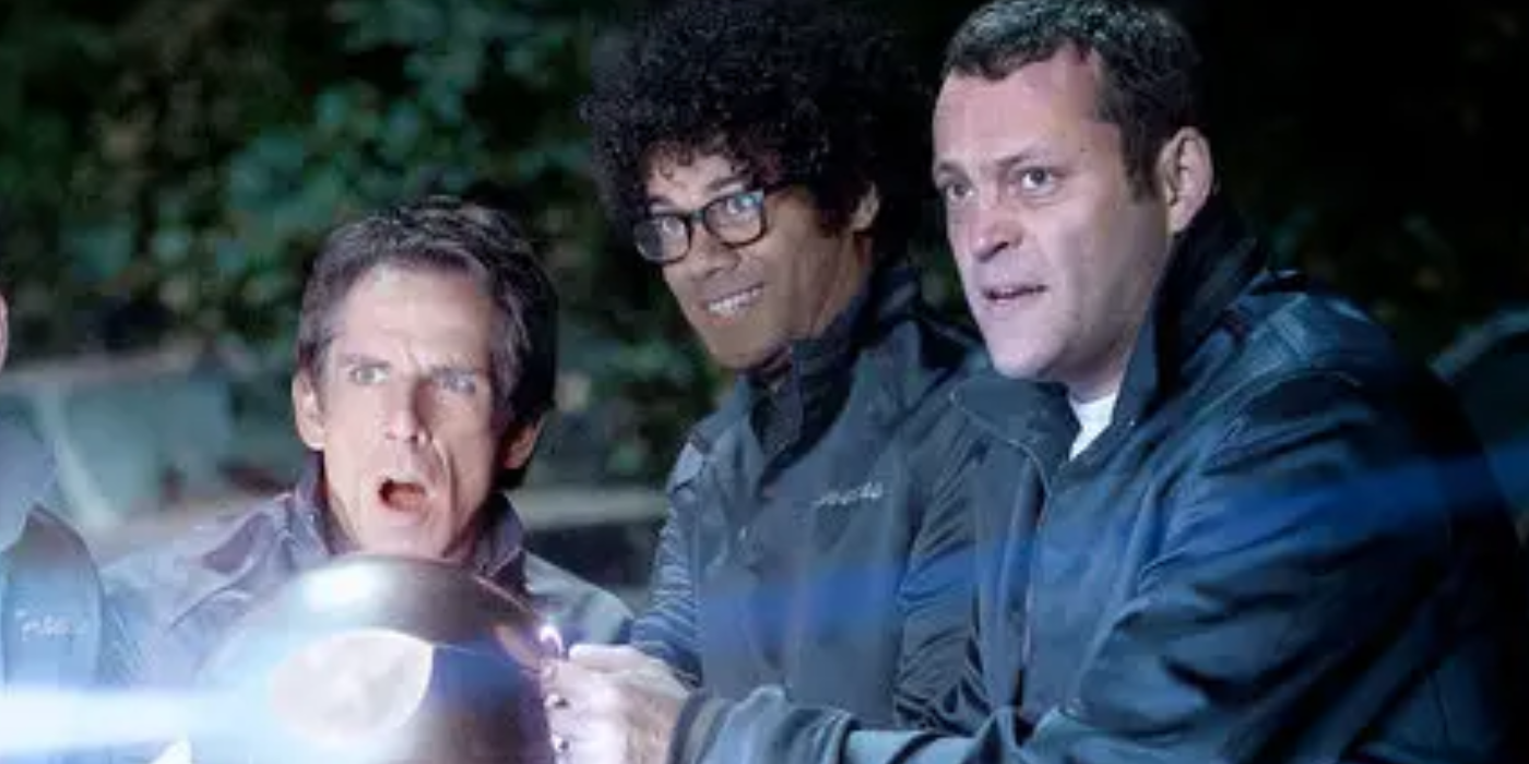 Vince Vaughn Richard Ayoade And Ben Stiller look shocked In The Watch 