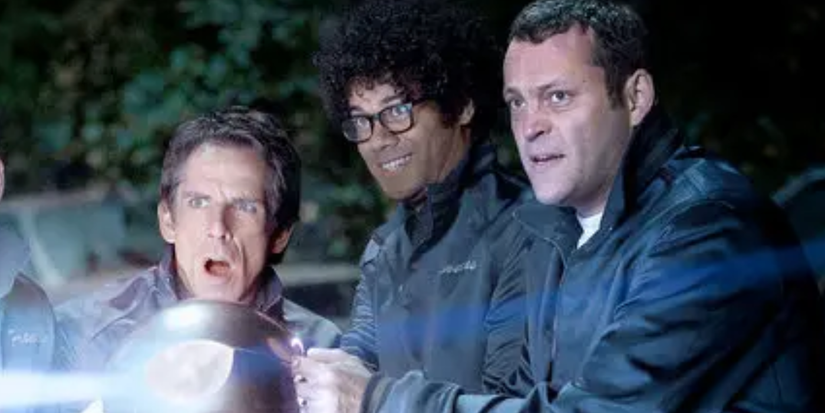 Vince Vaughn Richard Ayoade And Ben Stiller look shocked In The Watch