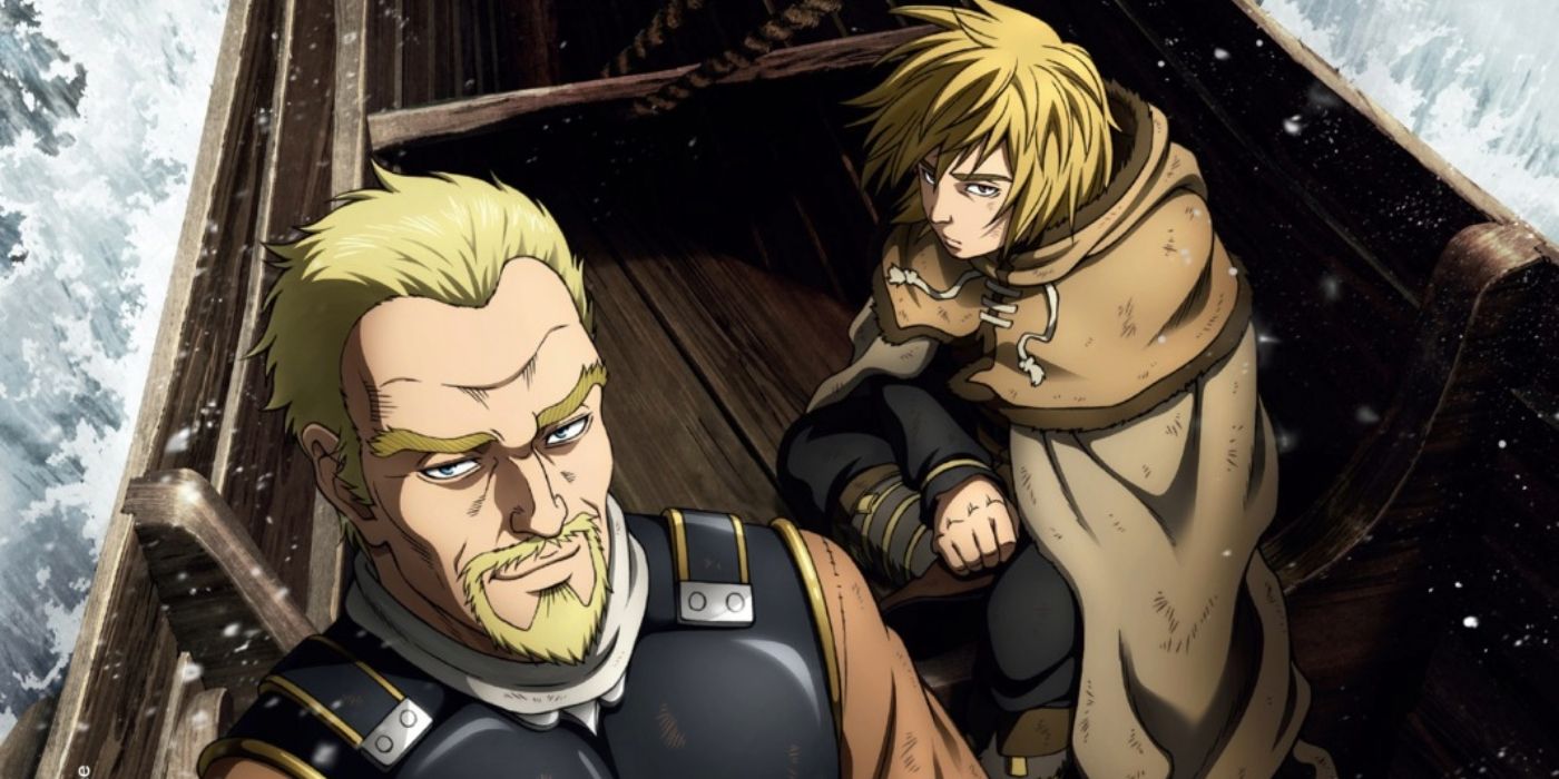 Vinland Saga's Thorfinn and Askeladd on a boat with water breaking around them.