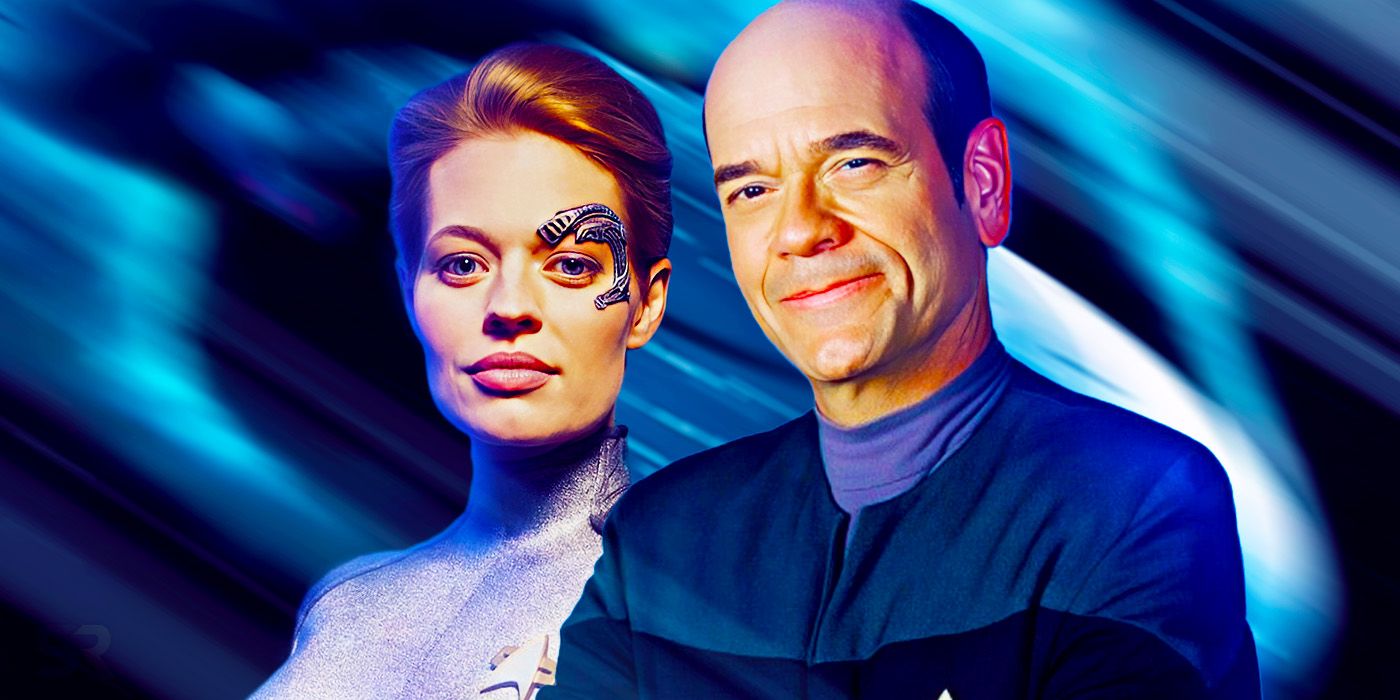 صورة مجمعة لـ Seven of Nine والدكتور من Star Trek: Voyager، وكلاهما يبتسمان للكاميرا على خلفية زرقاء وسوداء.