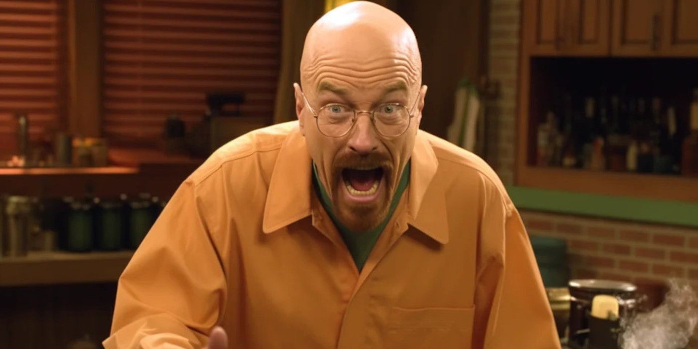 Walter White in Breaking Bad AI art making a wacky face in a cheesy kitchen