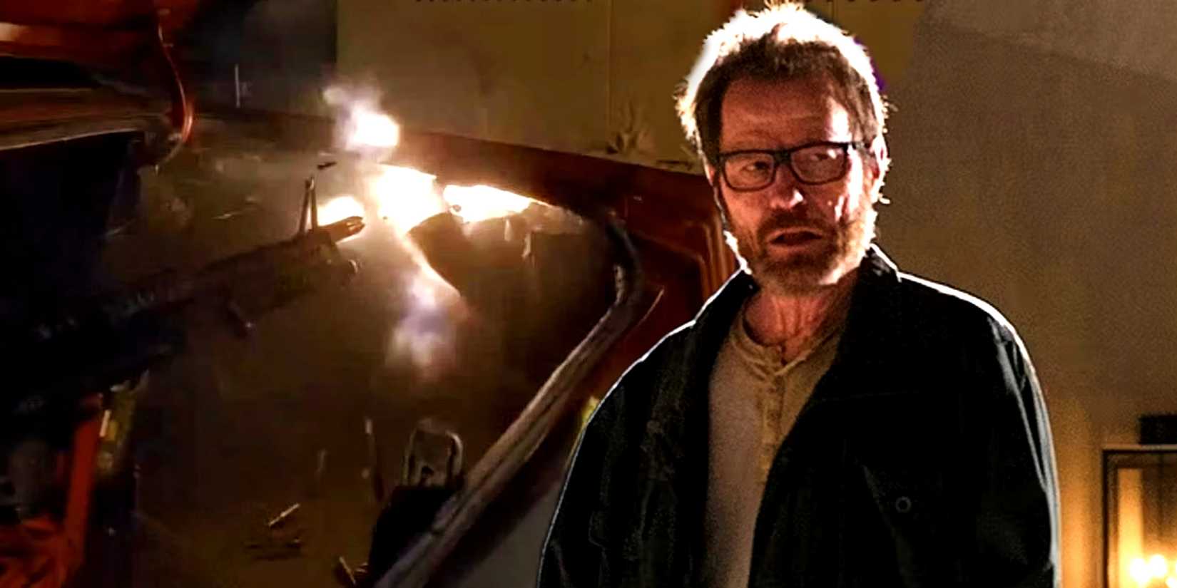 Bryan Cranston as Walter White in Breaking Bad and an image of his machine gun from the series finale.
