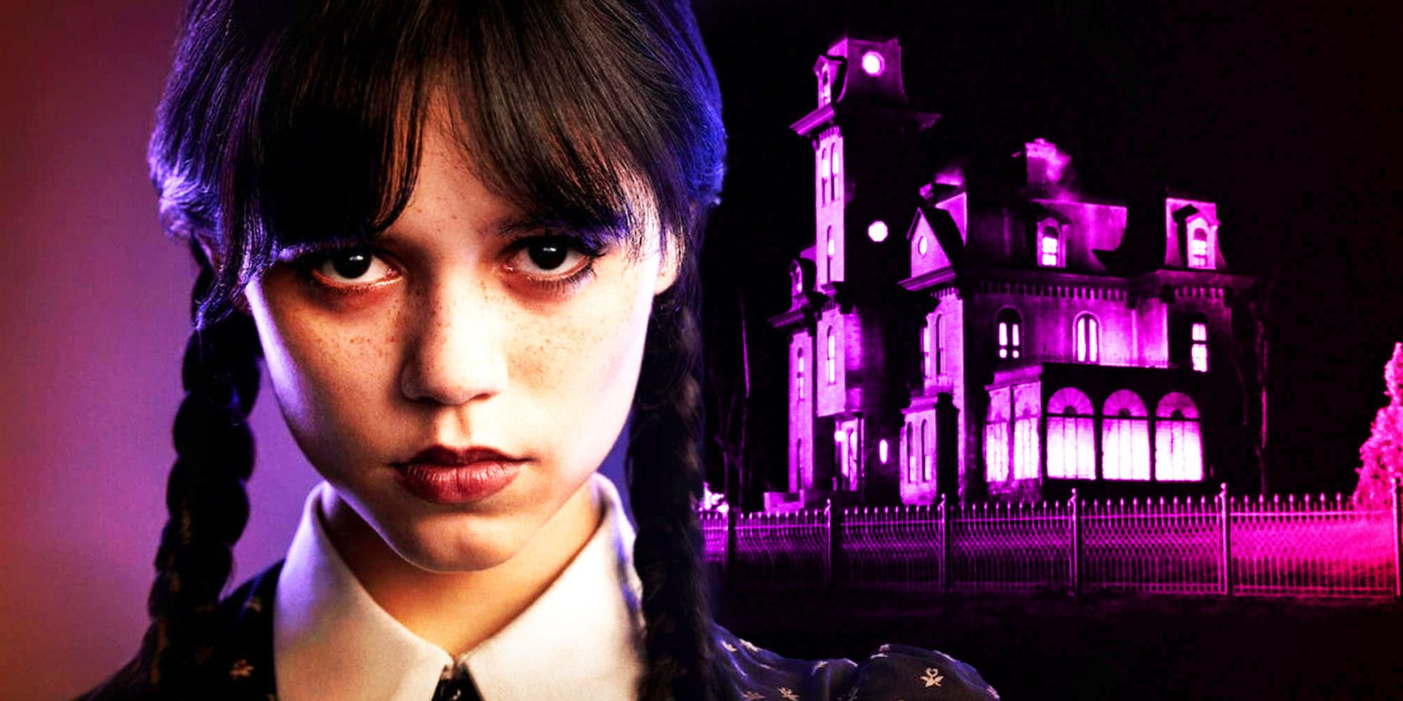 Jenna Ortega como quarta-feira ao lado da mansão da Família Addams