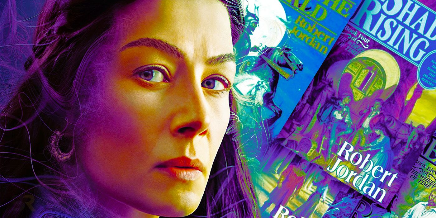 Wheel of Time Rosamund Pike collage with Robert Jordan books.