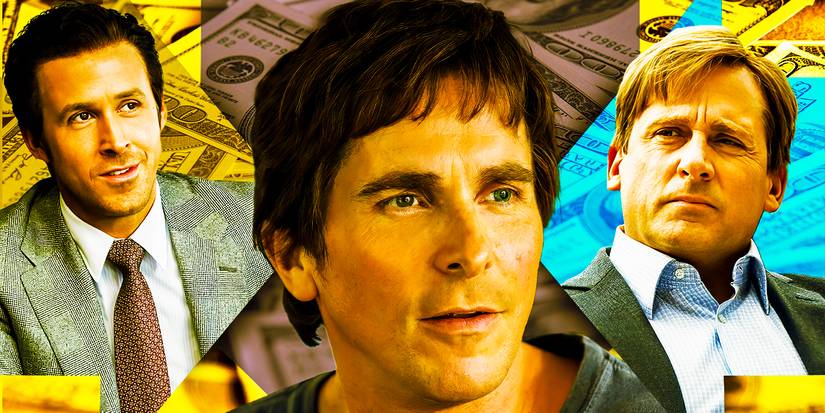 Blended image of Ryan Gosling as Jared Vennett, Christian Bale as Michael Burry, and Steve Carell as Mark Baum in The Big Short.