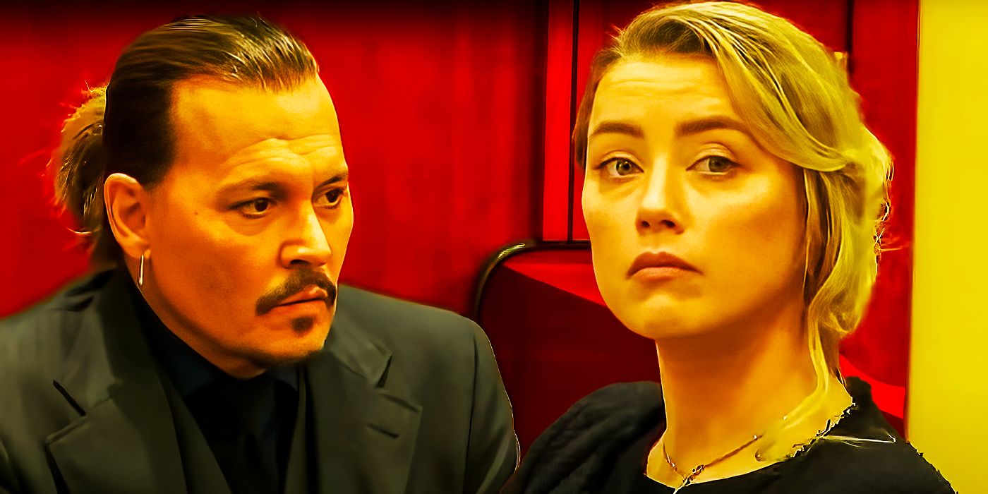 Split image of Amber Heard and Johnny Depp in their court case
