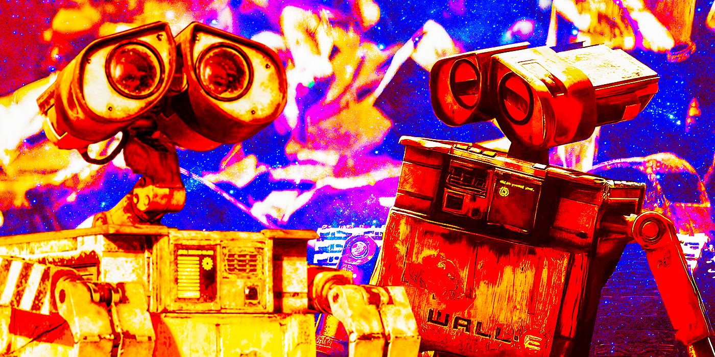 A collage image of WALL-E looking curious and sad