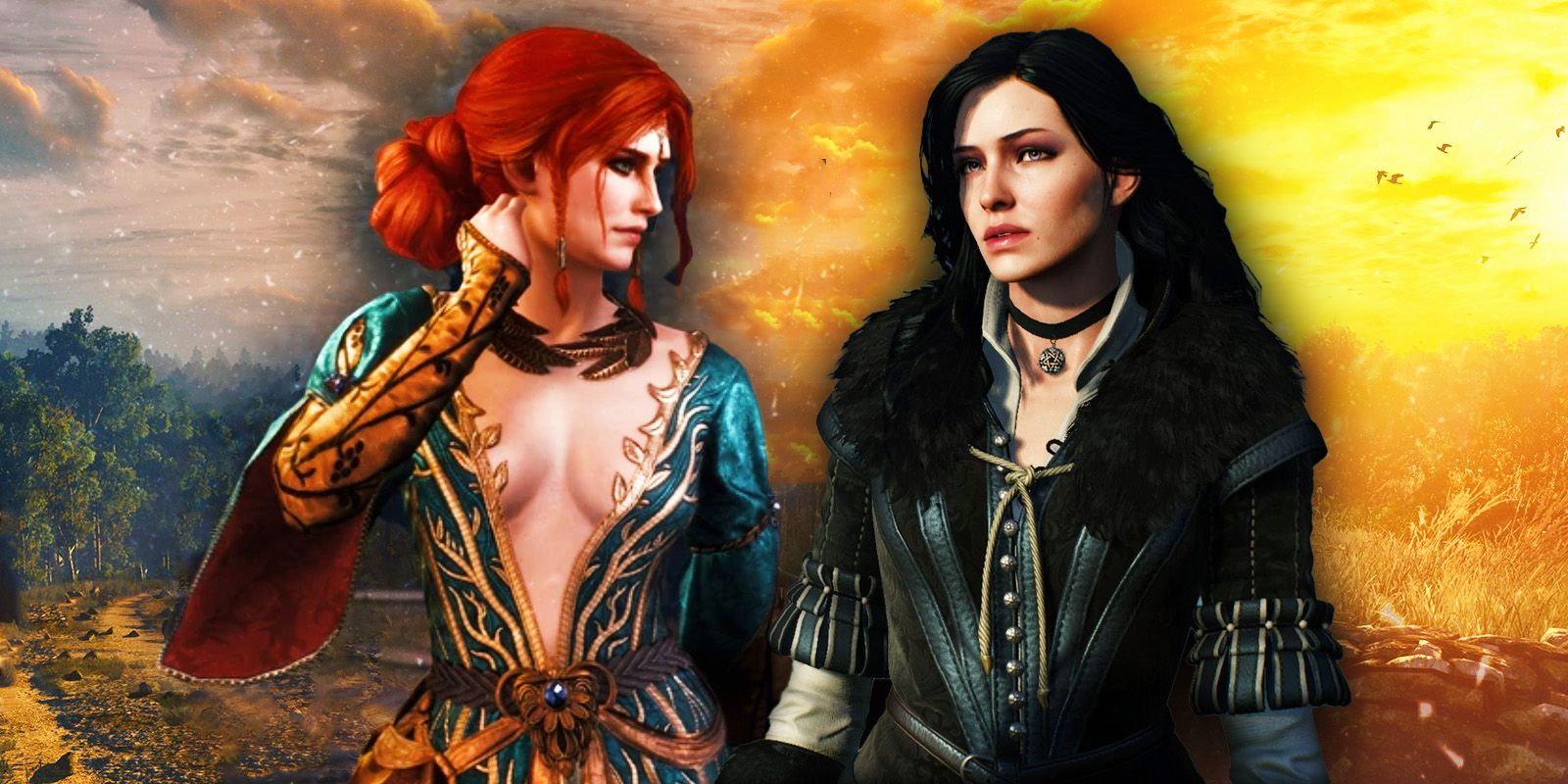 Images of Triss in her alternative gown and Yennefer in her default outfit against a shot of a sunset in Witcher 3.