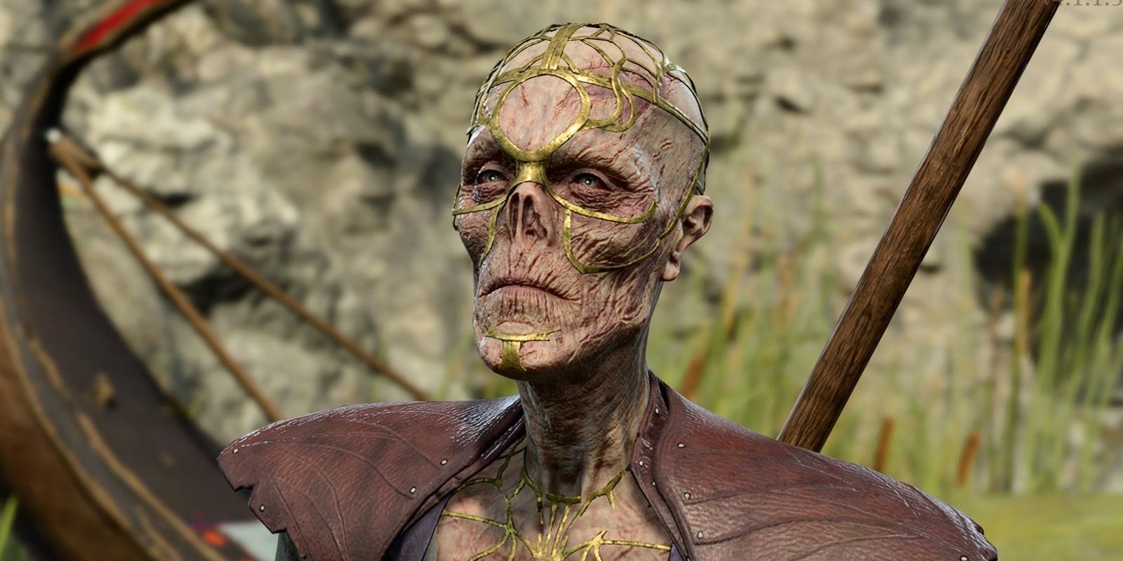 Withers, an aptly withered skeleton, stands in a grassy clearing in a screenshot from Baldur's Gate 3.