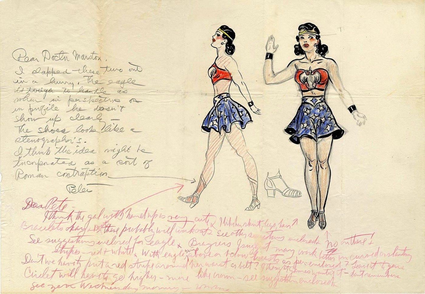 Original first designs of Wonder Woman, with notes from the artist and author.