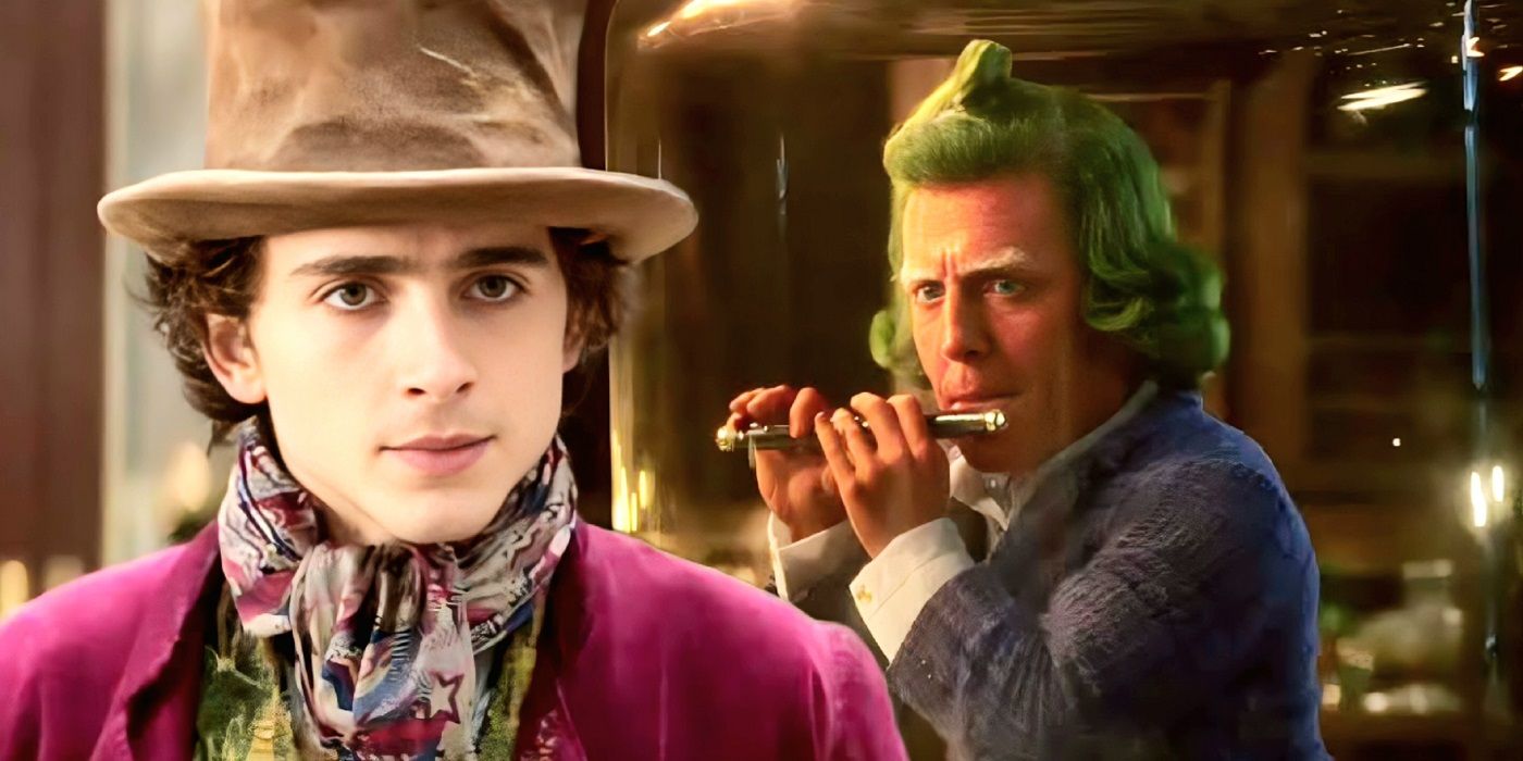 Timothee Chalamet como Willy Wonka y Hugh Grant como Oompa Loompa en Wonka