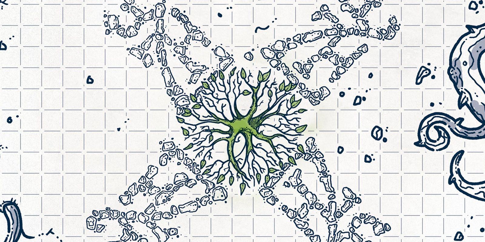 Battle map showing the Worldroot Sapling growing between massive thorned roots in D&D.