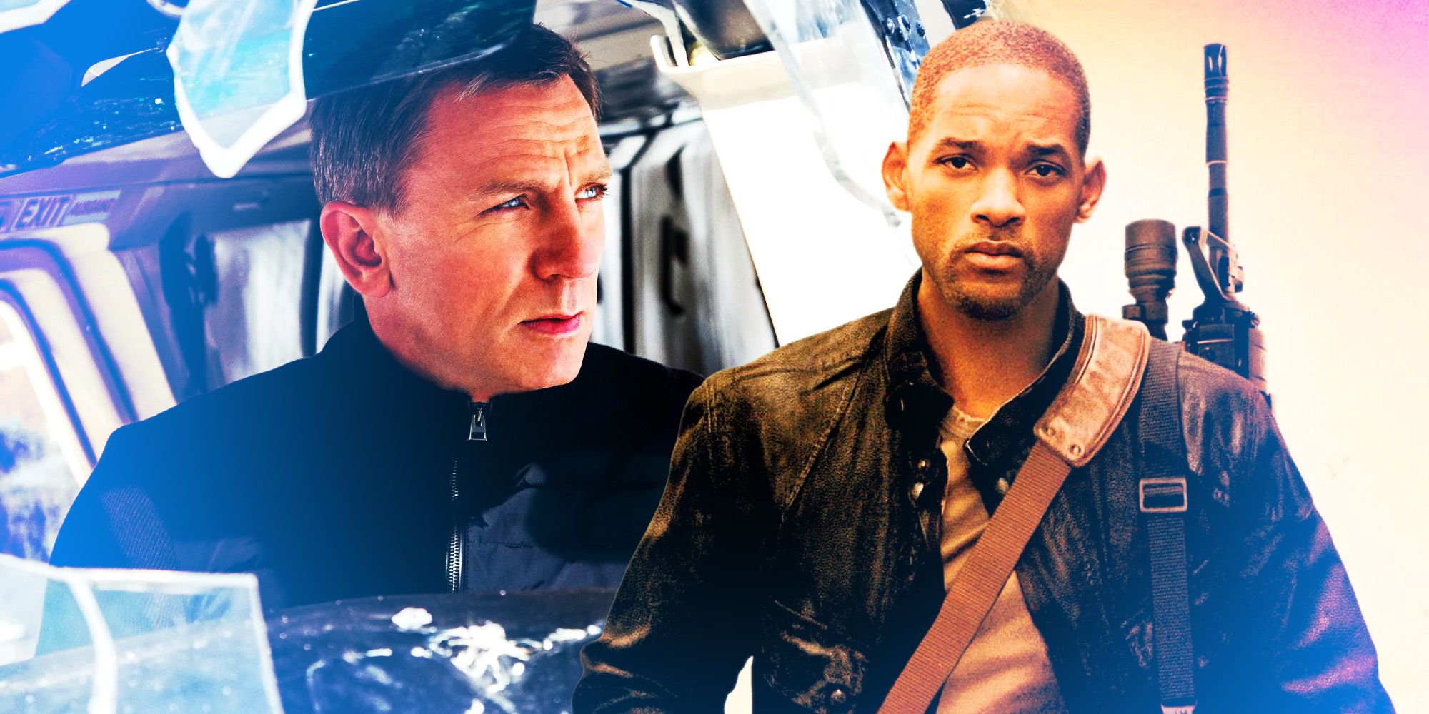 Collage image of Daniel Craig in Spectre and Will Smith in I Am Legend
