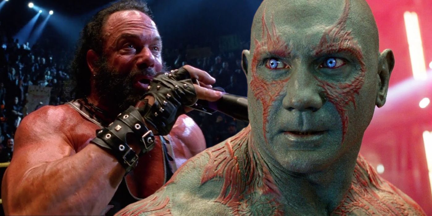 Randy Savage in Spider-Man (2002) and Dave Bautista as Drax the Destroyer in the MCU