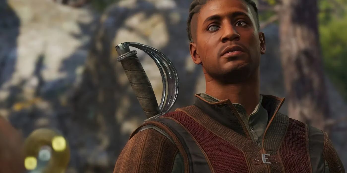 Will, a human warlock wearing a red-dyed leather jacket, stands in a rocky valley with a neutral expression. He has heterochromia; his right eye is white.