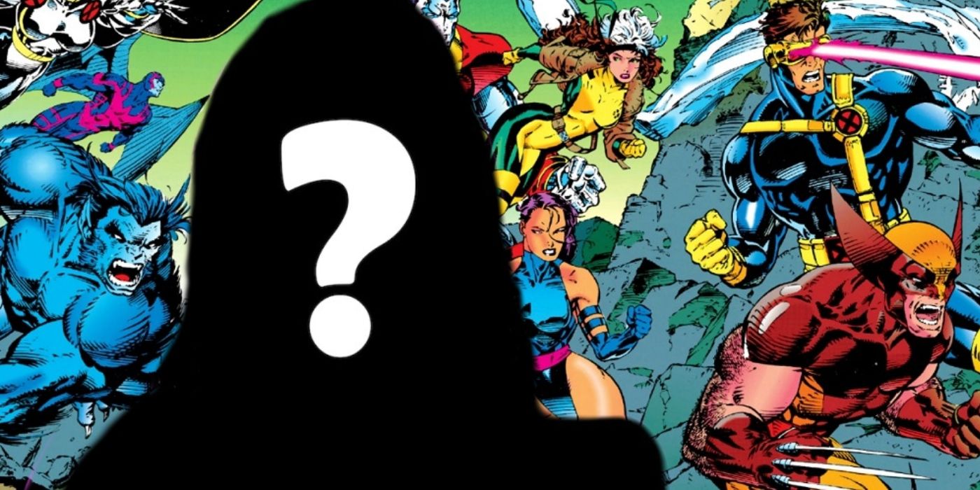 A silhouette of a character overlaid with a question mark (foreground) with the X-Men in the background.