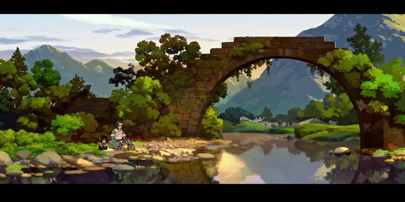 Xiao Hei and Wuxian siting together at a campfire.