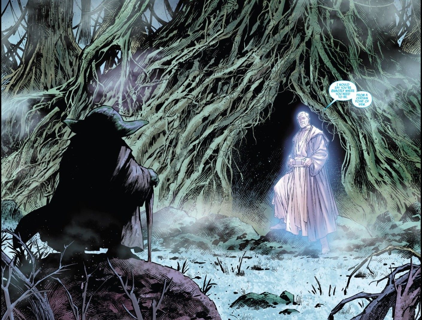obi wan leads yoda to the cave in yoda 10