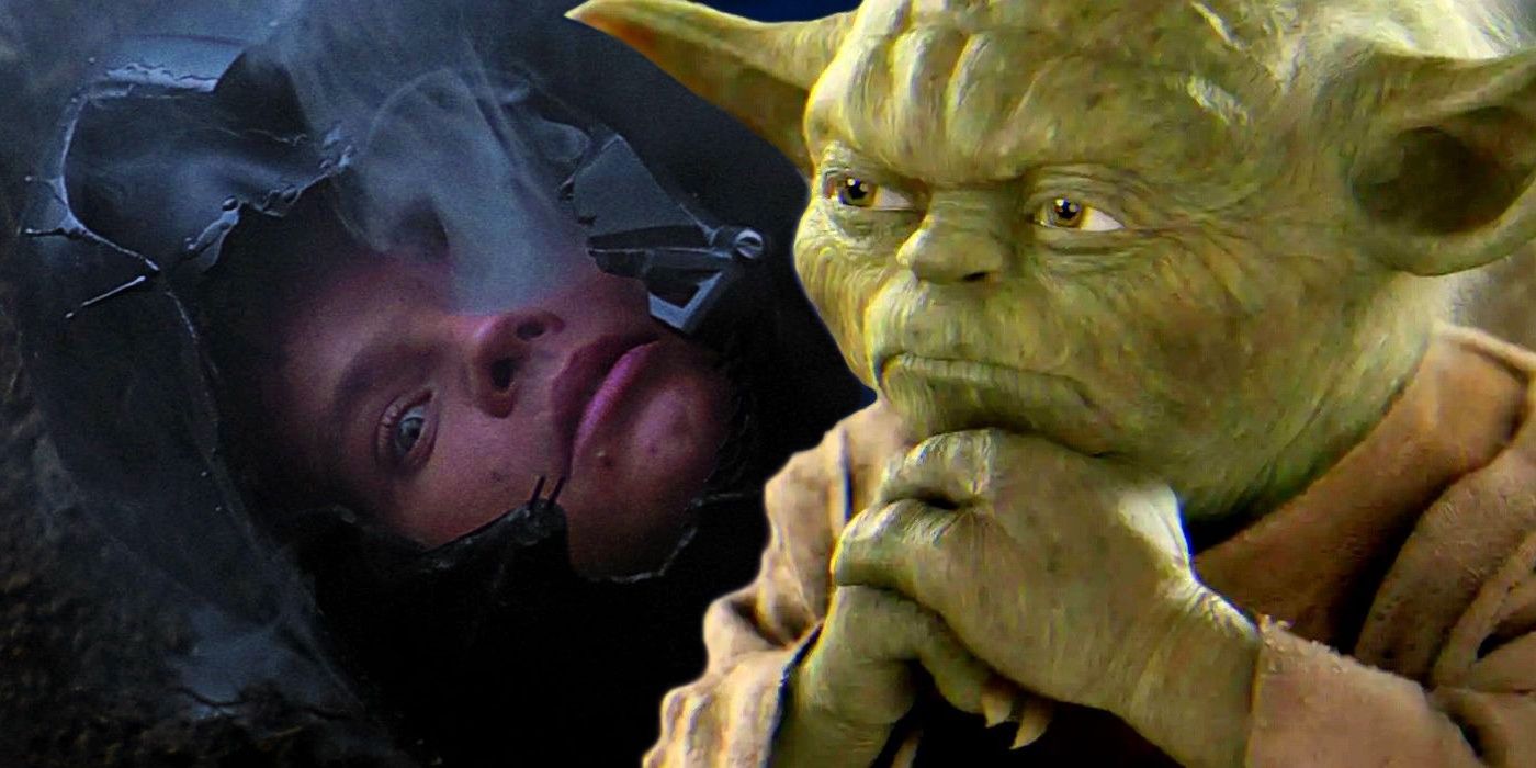 Yoda staring at Luke's head in Darth Vader's helmet